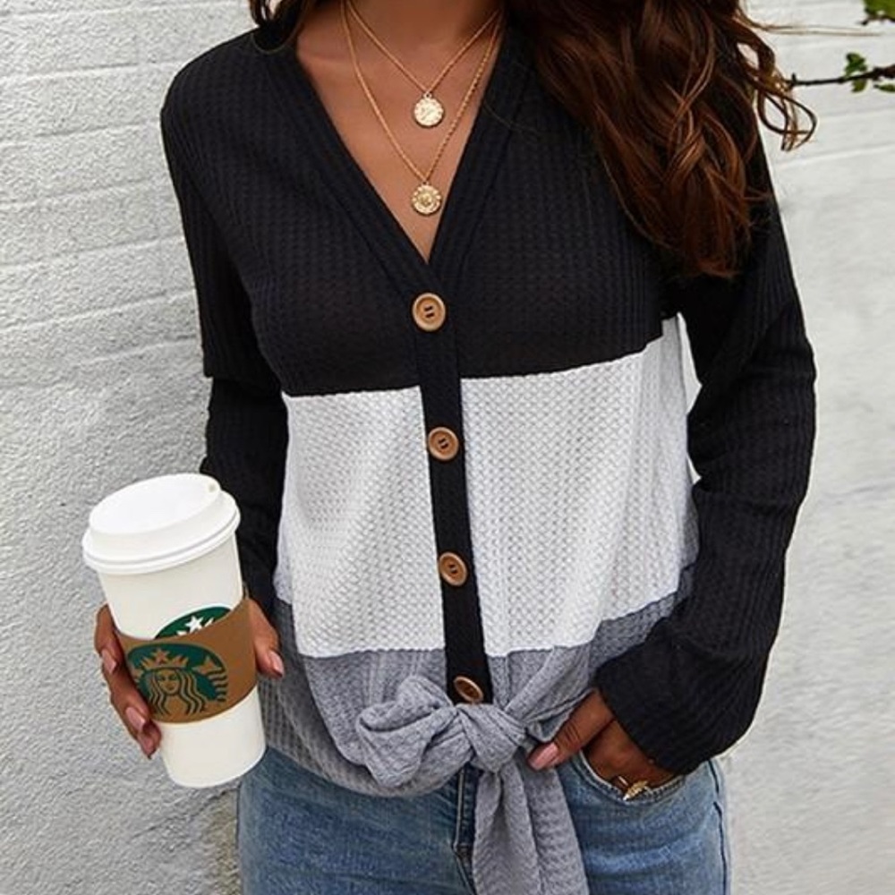 Waffle knit tie front top